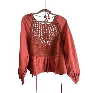 ASOS DESIGN Long Sleeve Top with Crochet Detail and Tie Waist in rust Size 4